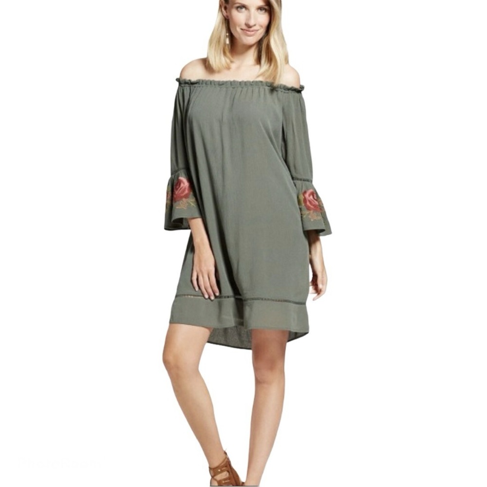 Boho Off Shoulder Embroidered Mini Dress Bell Sleeve Festival XS